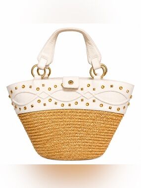 Beverly Feldman Straw Tote Bag White Studded Resort Beach Bag Large 18x11.5x7.5